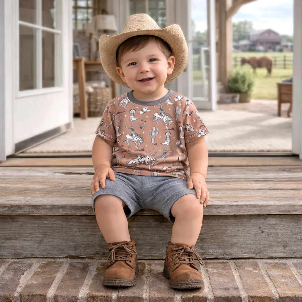 Wild Wrangler/Brown Western Bamboo Cotton Boys' Short Set Tesa Babe