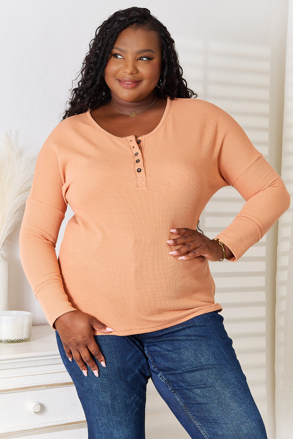 Half Button Long Sleeve Pullover Top