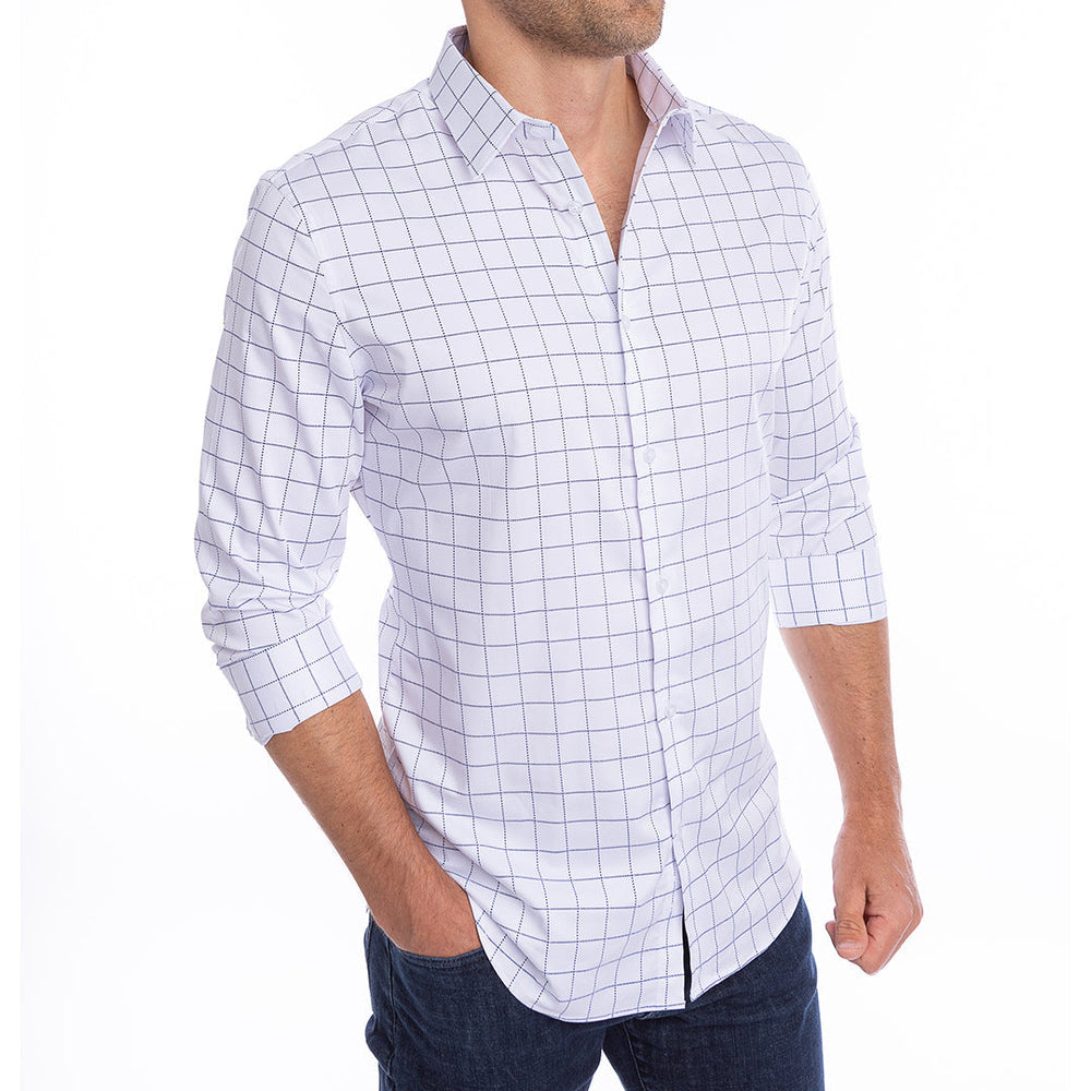 goTIELESS Ultimate Dress Shirt (White/Navy Windowpane) Million Dollar Collar