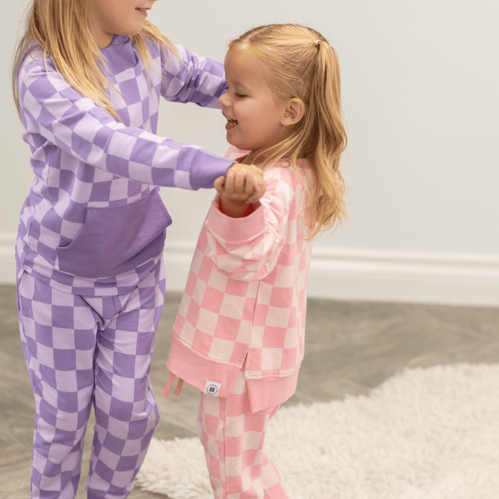 Checker Baby Pink Crew Neck Jogger Set