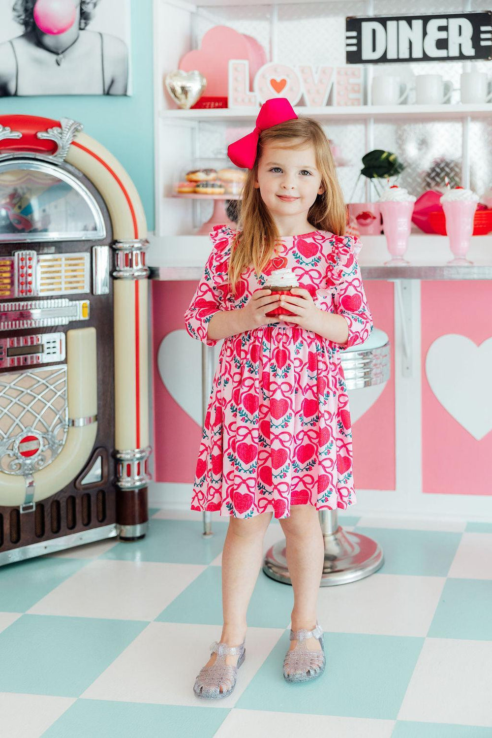 Fluttering Hearts 3/4 Sleeve Ruffle Twirl Dress