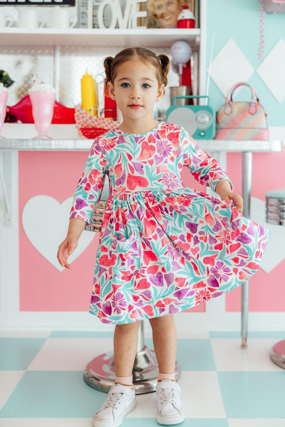 SALE Watercolor Hearts 3/4 Sleeve Pocket Twirl Dress