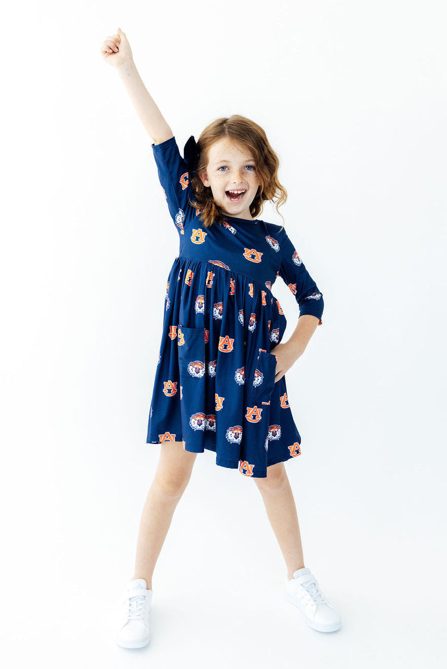 Auburn Blue Aubie 3/4 Sleeve Pocket Twirl Dress