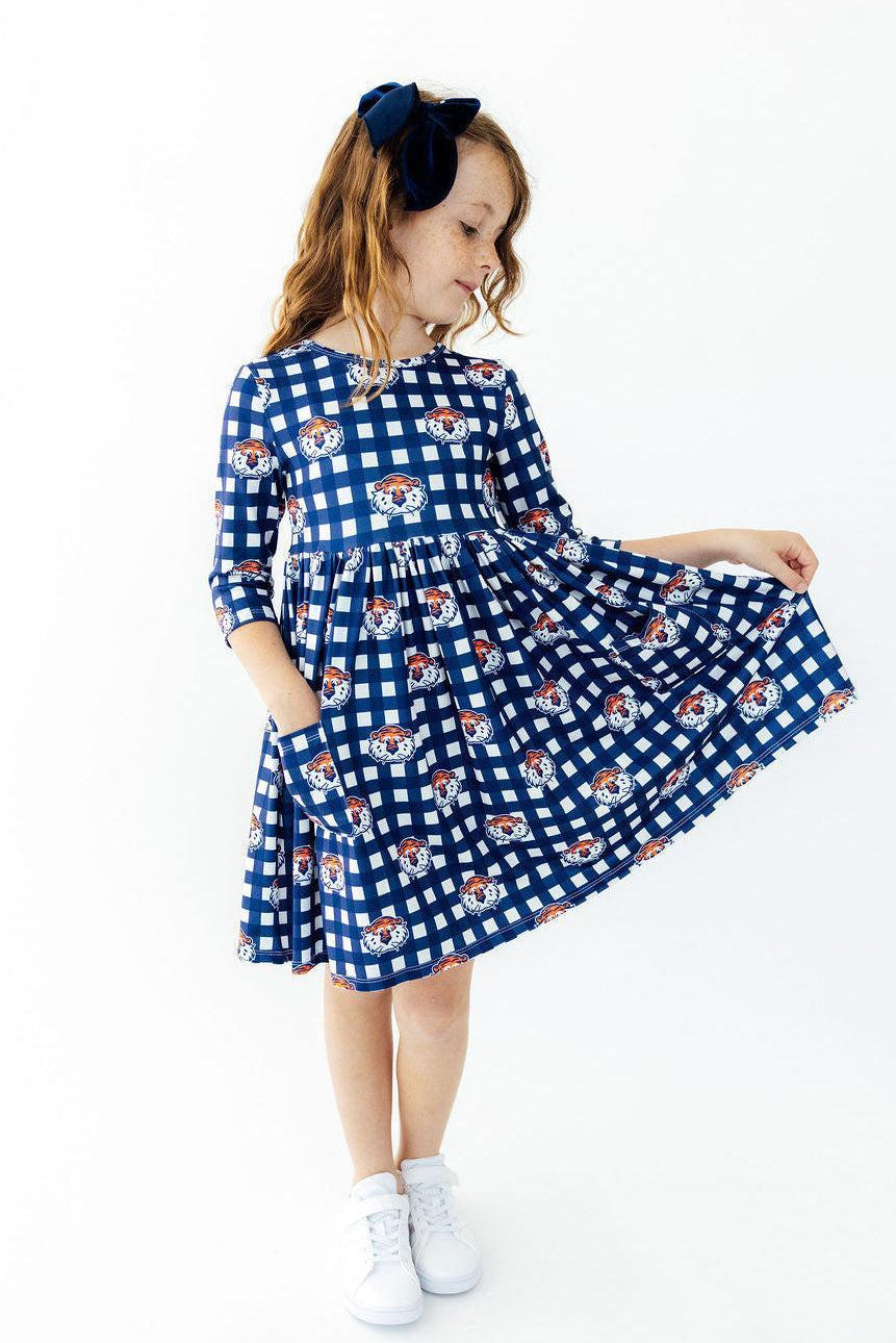 Auburn Plaid Aubie 3/4 Sleeve Pocket Twirl Dress