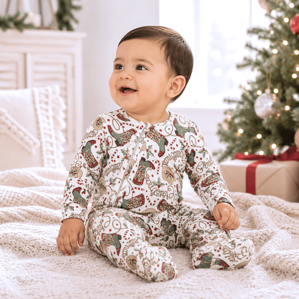 Western Christmas Baby Bamboo Zipper Romper - Cowboy Holiday Tesa Babe