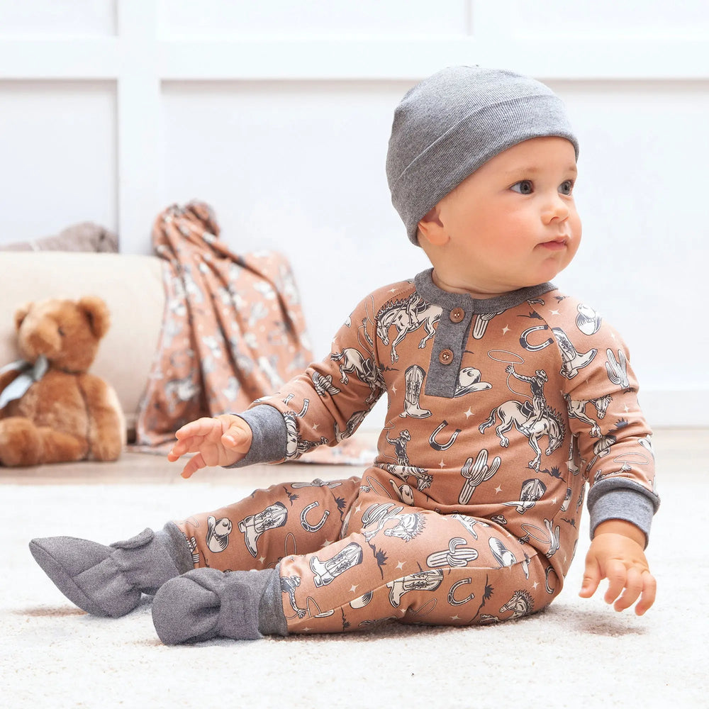 Wild Wrangler/Brown Western Bamboo Henley Romper for Babies Tesa Babe