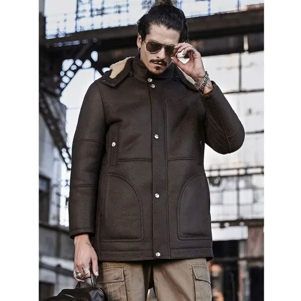 Men’s Hooded Shearling Leather Long Trench Coat