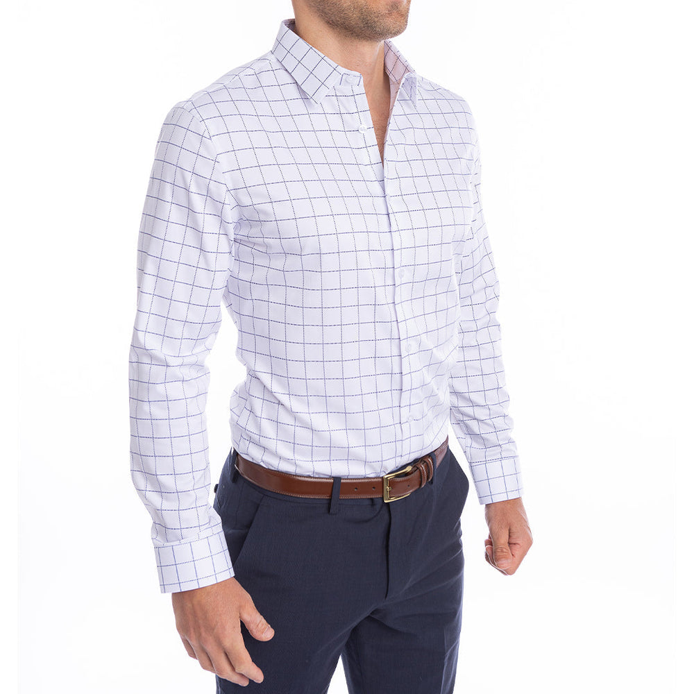 goTIELESS Ultimate Dress Shirt (White/Navy Windowpane) Million Dollar Collar