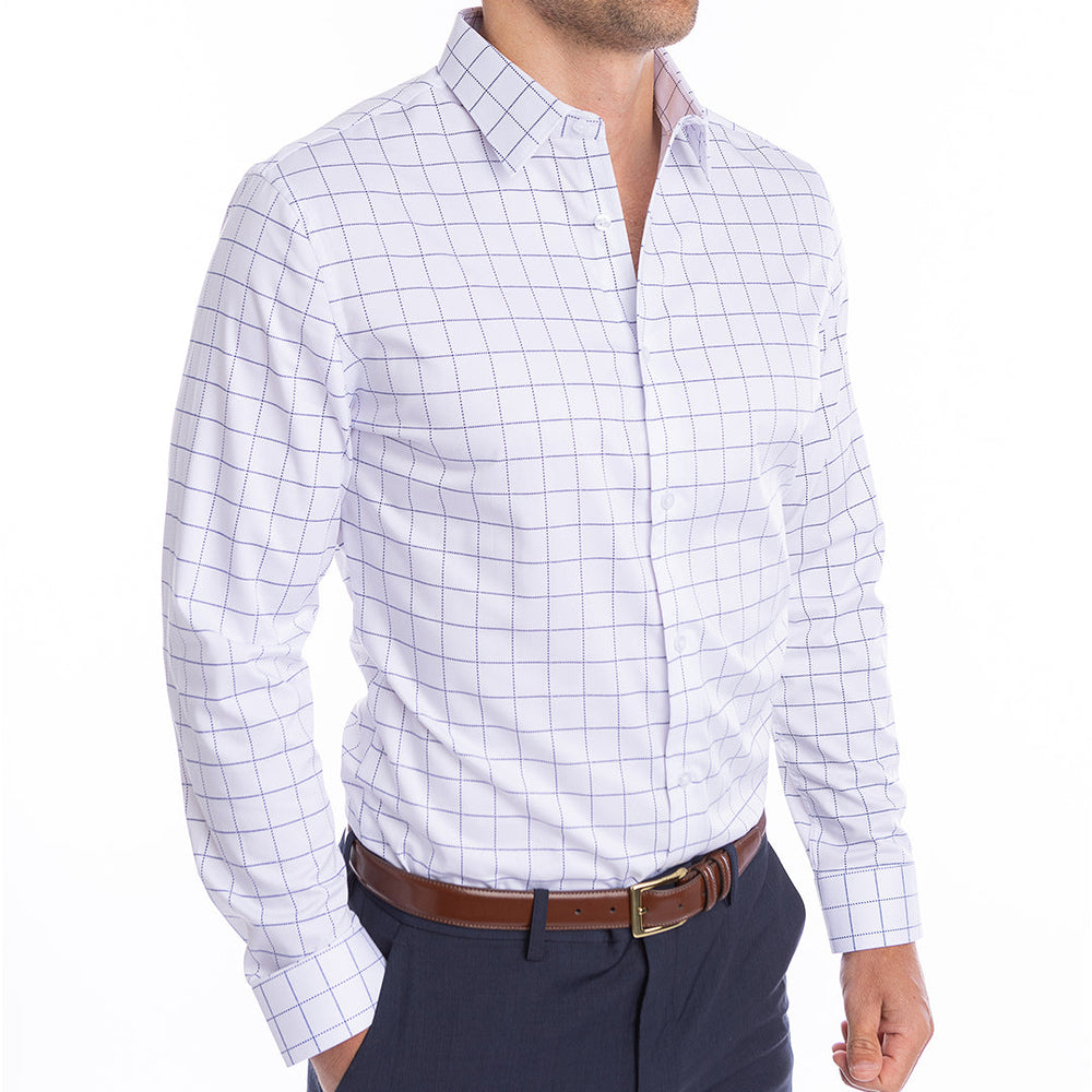 goTIELESS Ultimate Dress Shirt (White/Navy Windowpane) Million Dollar Collar