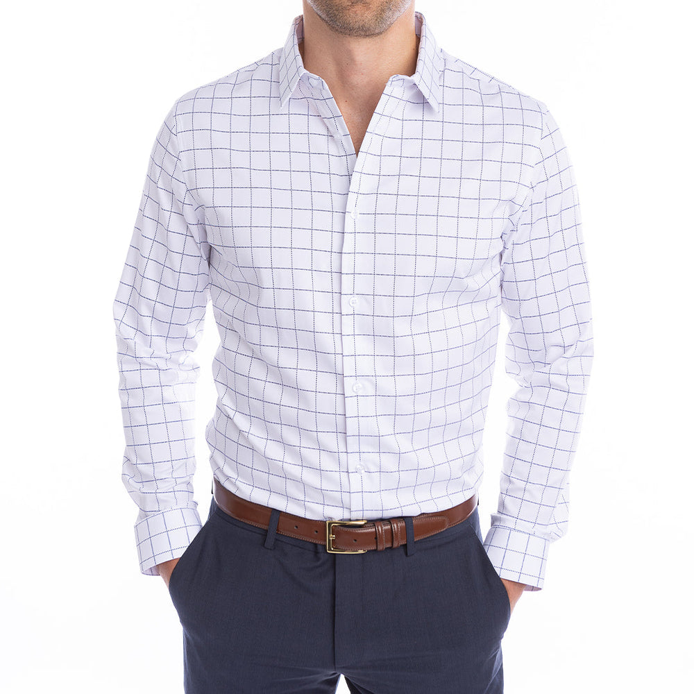 goTIELESS Ultimate Dress Shirt (White/Navy Windowpane) Million Dollar Collar
