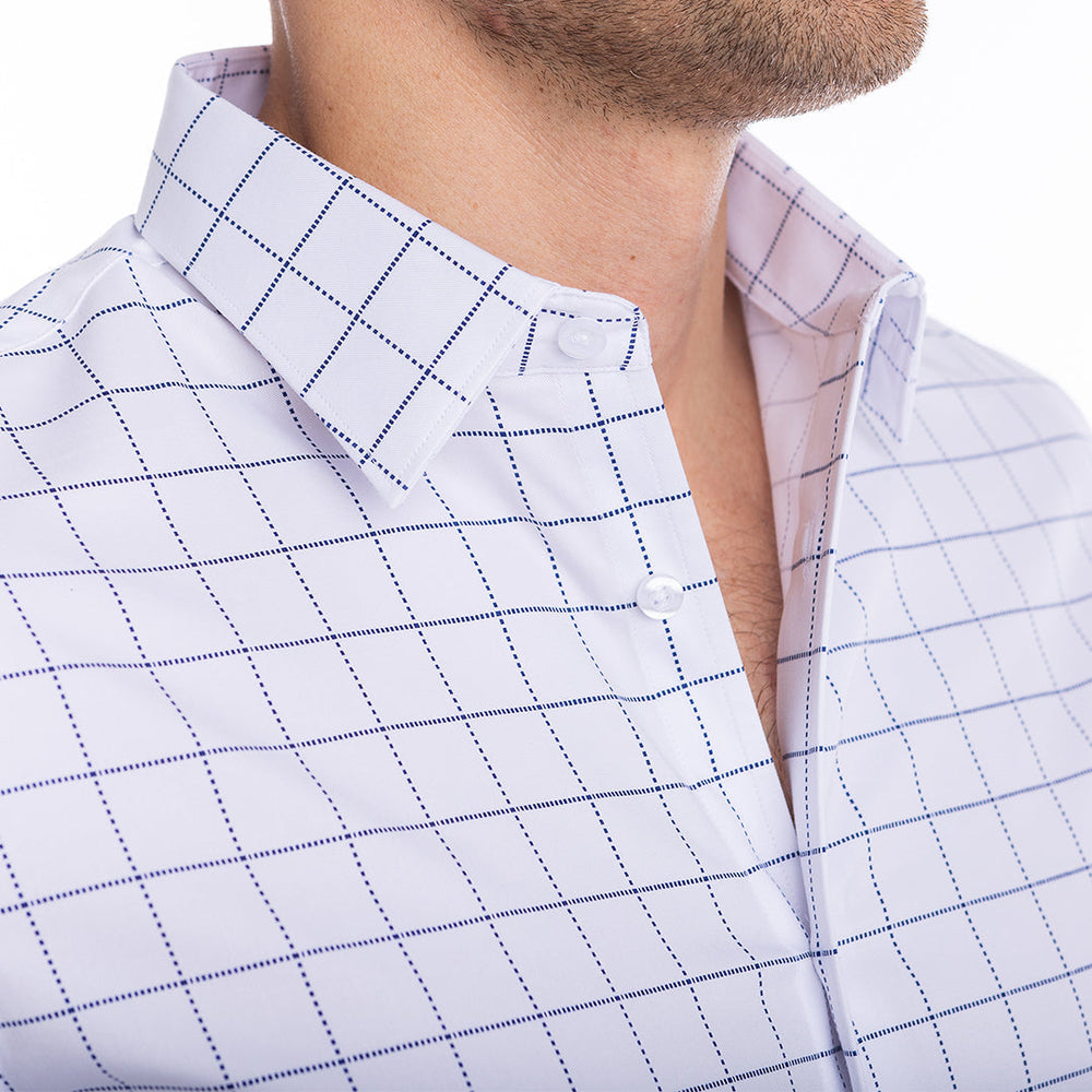 goTIELESS Ultimate Dress Shirt (White/Navy Windowpane) Million Dollar Collar