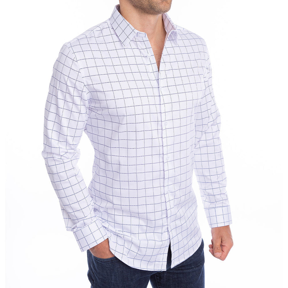 goTIELESS Ultimate Dress Shirt (White/Navy Windowpane) Million Dollar Collar